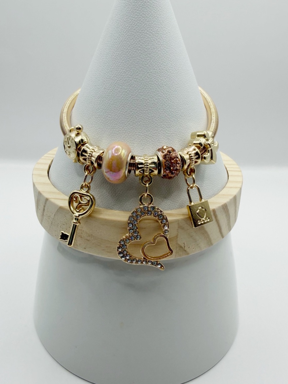 Gold Lock & Key Charm Bracelet | Pandora Style Snake Chain - Picture 3 of 10